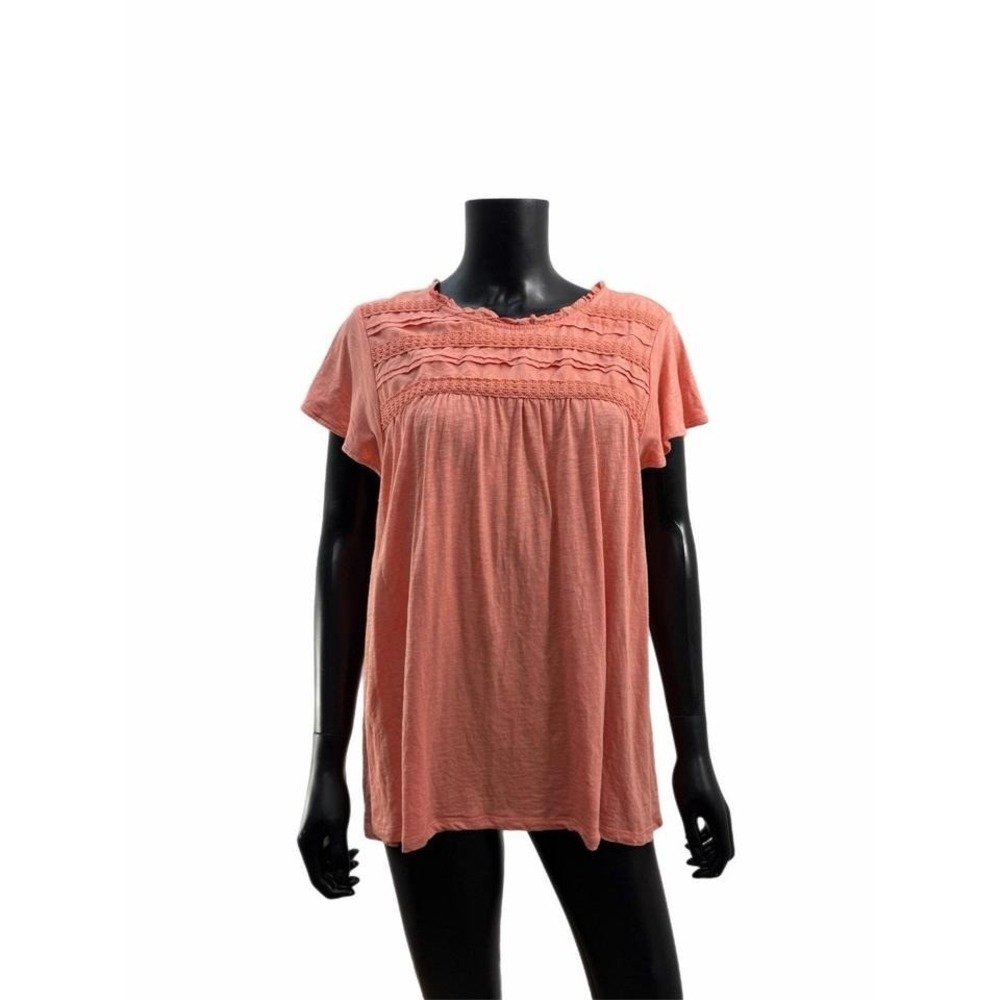 Ella Moss Women's Coral Pink Boho Short Sleeve Crochet Detail Top Size XL - Picture 2 of 8
